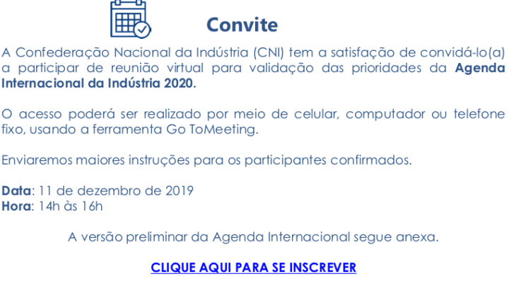 Convite  Agenda Internacional da Indústria 2020 CNI